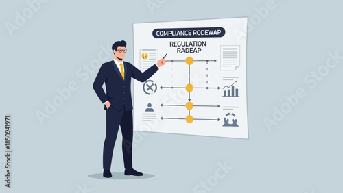Business Professional Presenting Compliance Rodewap Chart with Regulatory Process and Data
