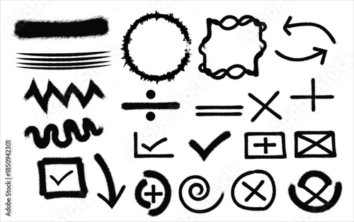 Collection of hand drawn mathematical and checkmark symbols