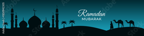 Horizontal vector banner with the text Ramadan Mubarak and silhouettes of a mosque and camels. Suitable for a website header.