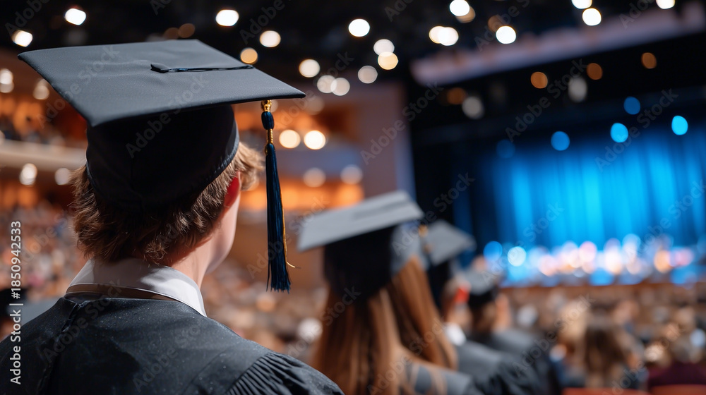 Obraz premium Cinematic graduation scene with students in academic dress, shallow focus highlighting caps and tassels, blurred audience and stage lights in background