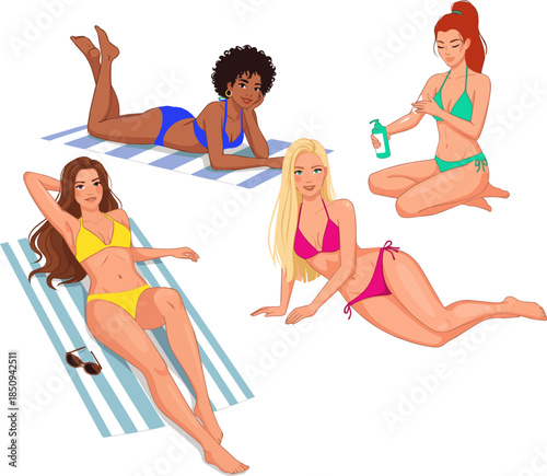 Create a kinds of deferent Beautiful woman in a bikini sunbathing vector art with white background..