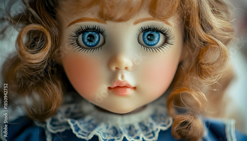 Wallpaper Mural Close up photo of an exquisite retro doll featuring golden ringlets and captivating blue eyes. Adorned in a charming blue frock with a dainty white peter pan collar Torontodigital.ca