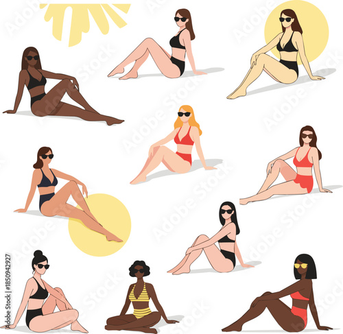 Create a kinds of deferent Cut out beautiful woman in a bikini sitting and enjoying the sun vector art with white background.