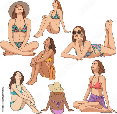 Create a kinds of deferent Cut out beautiful woman in a bikini sitting and enjoying the sun vector art with white background.