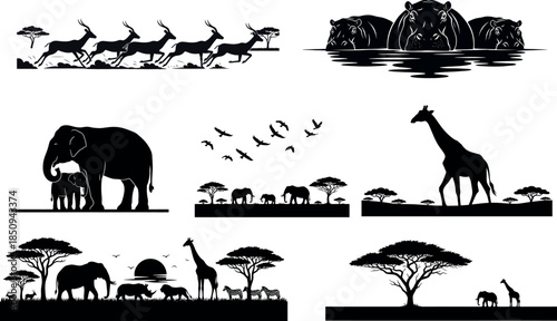 African Wildlife Silhouette Set: Elephant (Loxodonta), Giraffe (Giraffa), Hippo, Lion, Rhino, Zebra, and Antelope. Safari Savanna Landscape Vectors for Nature, Wilderness, and Conservation Designs.