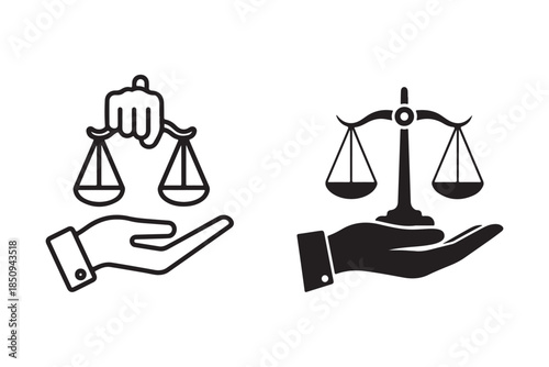 Justice scales in Hand black icon silhouette on white background