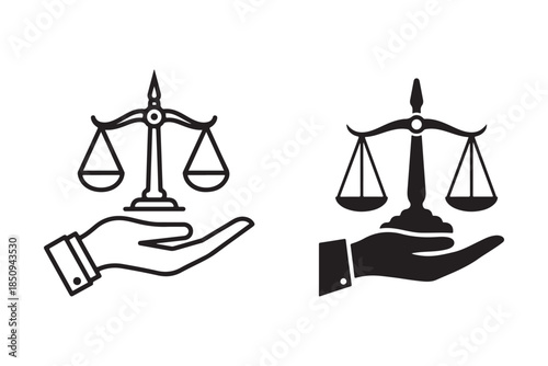Justice scales in Hand black icon silhouette on white background