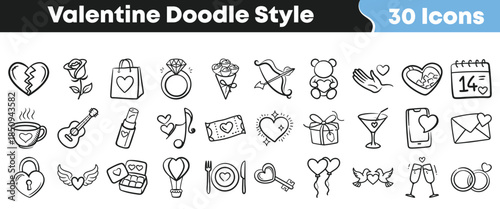 Collection of thirty charming hand drawn doodle style icons perfect for valentine day design and romantic celebrations on transparent background