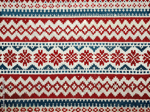 A close up view of a red white and blue knitted fabric pattern