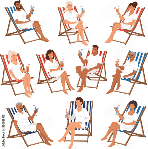 Create a kinds of deferent Man and woman in white summer clothes sitting in the beach sling chairs and drinking cocktails, vector art with white background..