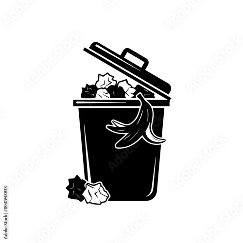 Overflowing garbage bin with banana peel