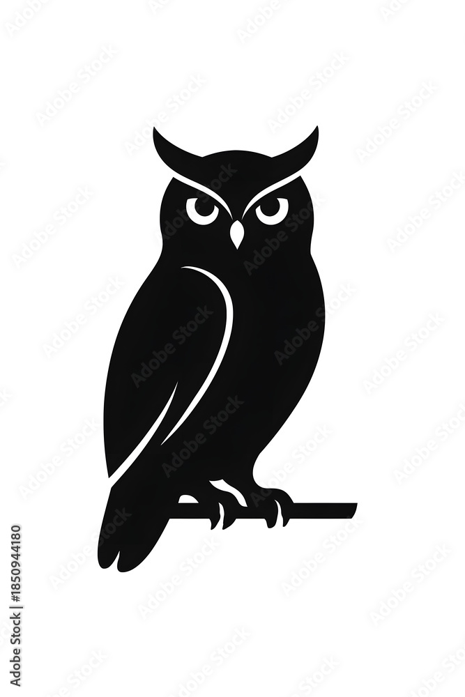 Obraz premium Cute cartoon owl sitting on a branch surrounded by black cat and nature elements