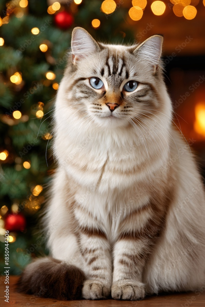 Fototapeta premium Cat sitting by christmas tree and fireplace