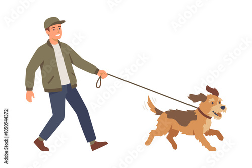 Man walking happy dog on leash enjoying companionship
