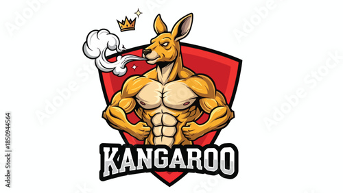 Muscular kangaroo king mascot flexing with a crown and exhaling smoke