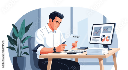 Illustration of a businessman reviewing a contract and financial data on a computer in a modern office setting, focusing on important documents