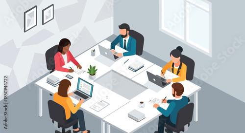 Illustration of diverse business team collaborating in an isometric modern office, working together on laptops and documents around a ushaped table