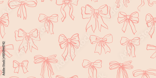 Seamless pattern with hand-drawn coquette pink bows and ribbons. Perfect for fabric, wallpapers and gift designs