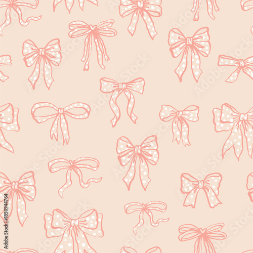 Seamless pattern with hand-drawn coquette pink bows and ribbons