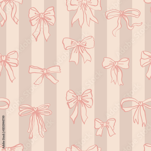 Seamless pattern with hand drawn bows and ribbons with beige stripes on the background. Perfect for wallpaper, textiles, wrapping paper, greeting cards and more.