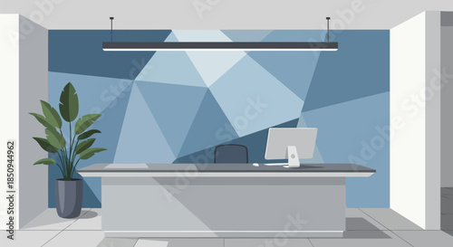 Illustration of modern office reception area with a stylish geometric blue wall design, featuring a sleek desk, computer, and a potted plant