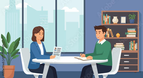 Illustration of professional job interview or business meeting in a modern office, woman holding resume, man taking notes, city view
