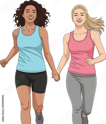 Create a kinds of deferent realistic Two young women running happily hand in hand and smiling vector art with white background.
