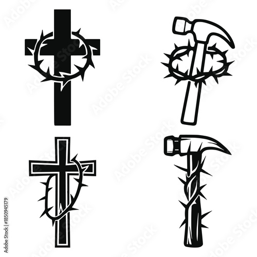Cross and Hammer with Crown of Thorns Symbols religious symbol