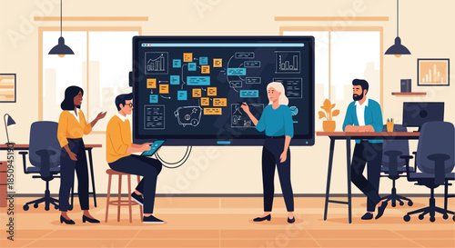 Illustration of diverse business professionals brainstorming and collaborating on a large interactive digital whiteboard, organizing ideas and planning strategy
