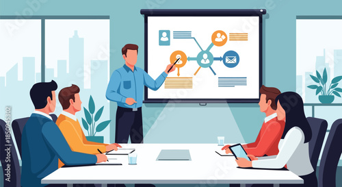 Illustration of business man giving a professional presentation to colleagues in a modern conference room, explaining data and strategy on a large screen