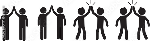 Stick figures celebrating with high fives and excitement