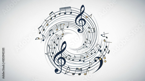 Musical Notes Swirling Spiral Illustration, Treble Clef and Bass Clef