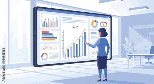 Illustration of businesswoman presenting sales data on a large digital screen, analyzing charts, graphs, and performance dashboards in a modern office