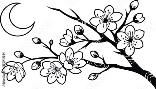 Elegant floral pattern with crescent moon on black background