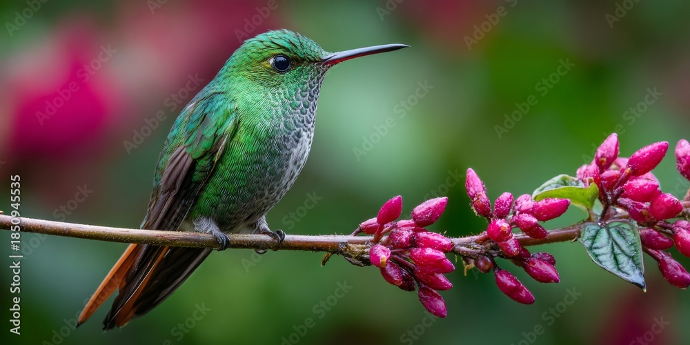 Obraz premium Hummingbird perched on branch with pink flower buds