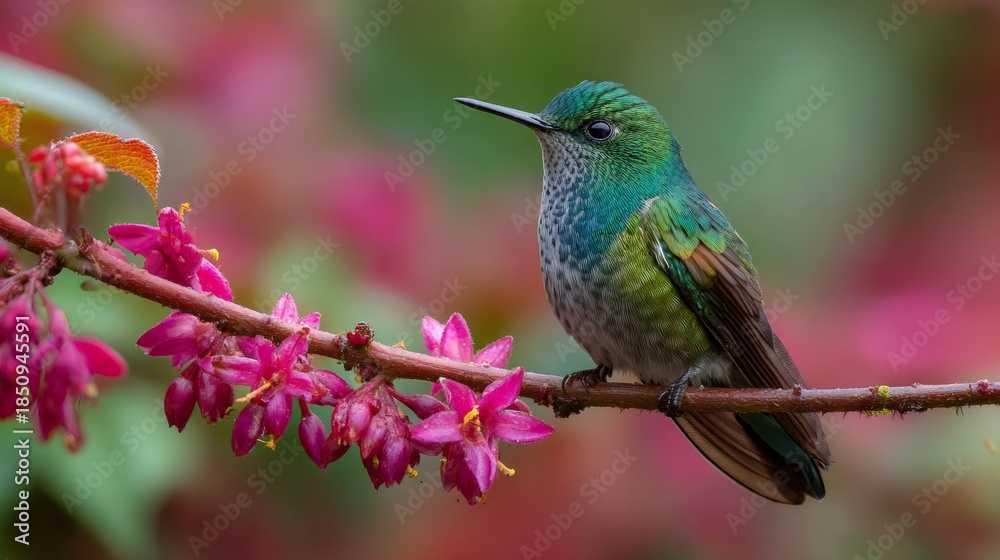 Obraz premium Hummingbird perching on pink flowers branch