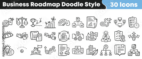 Collection of 30 hand drawn doodle style business roadmap icons representing targets strategy growth management and planning on transparent background