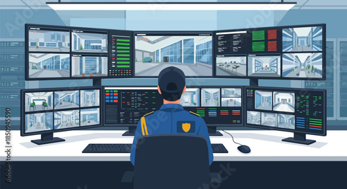 Illustration of security guard monitoring multiple surveillance camera screens in a hightech control room for safety and protection