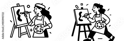 Creative artist painting on an easel with a palette in hand