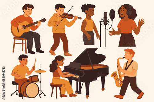 Musicians playing various instruments in a lively performance