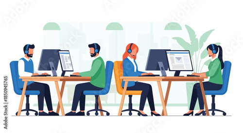 Illustration of customer service representatives working in a modern call center, providing support and assistance to clients, isolated on