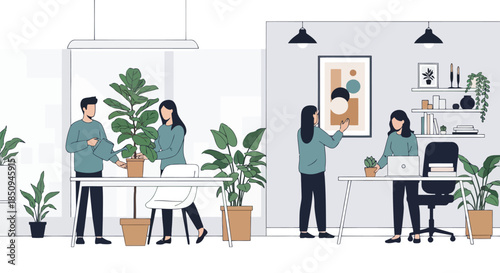 Illustration of colleagues interacting with plants and decorating their modern office space, fostering a green and pleasant work environment