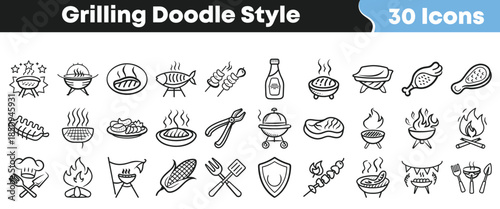 Collection of 30 hand drawn black and white grilling and barbecue icons featuring grills food and utensils on transparent background