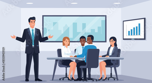Illustration of business professional presenting to a diverse group of colleagues in a modern conference room during a corporate meeting