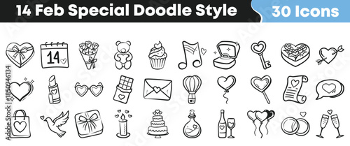 Collection of 30 cute hand drawn doodle style icons perfect for celebrating february fourteenth valentine's day on transparent background