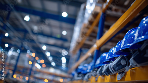 Close-up of properly maintained PPE storage, respirators neatly aligned, industrial shelving showing robust design, ambient light emphasizing safety and order in plant environment