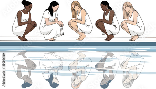 Create a kinds of deferent Woman in a white dress squatting by the pool and looking at her reflection in the water, vector art with white background.