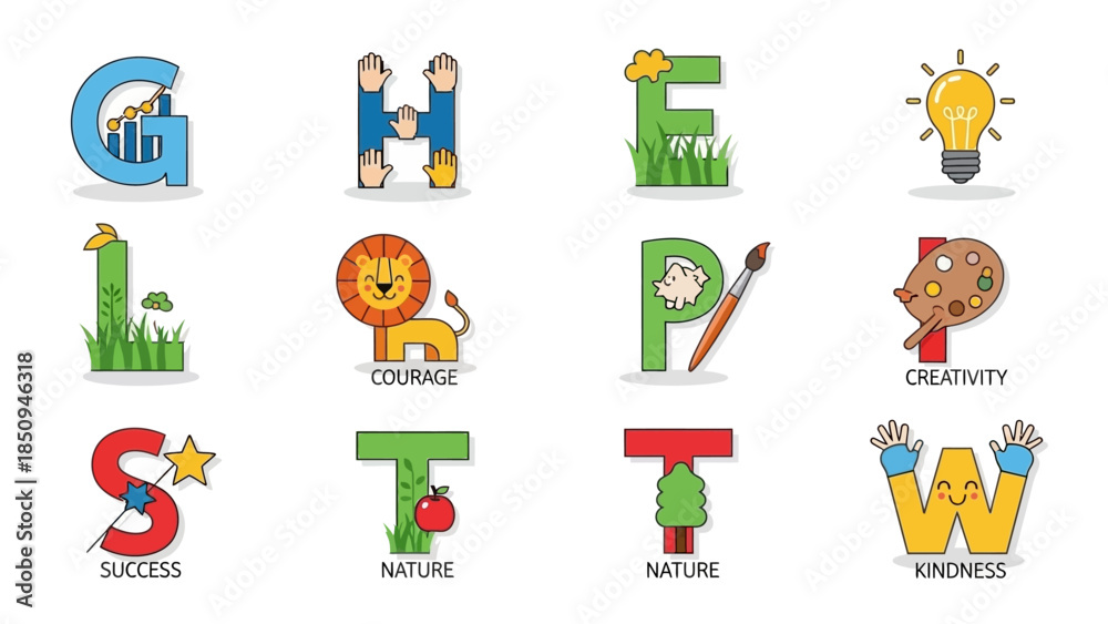 Fototapeta premium Alphabet of values represented by characters and images, symbolizing positive attributes like