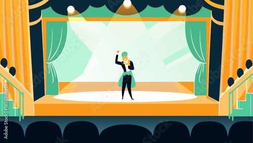 Performer on stage with green curtains