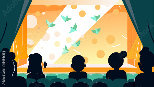 Children watching paper cranes in theater